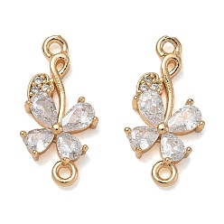 Chapado en Oro Real 18K Colgantes de conector de circonita cúbica transparente con pavé de latón, enlaces de flores, real 18 k chapado en oro, 19.5x9.5x3.5 mm, agujero: 1.4 mm