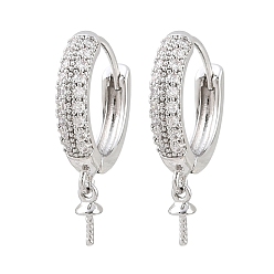 Platinum Brass Micro Pave Clear Cubic Zirconia Huggie Hoop Earring Findings, for Half Drilled Beads, Rack Plating, Long-lasting Plated, Platinum, 22x15.5x3.5mm, Pin: 0.8mm