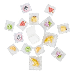 Mixed Color 14Pcs 7 Style Resin Pendants, Imitation Food, with Clear Plastic Bags, Orange & Pitaya & Watermelon & Kiwi Fruit & Banana & Grape, Mixed Color, 2pcs/style