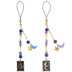Doré  2pcs bracelets mobiles en alliage et verre, lune avec étoile, tarot charme, or, 172mm, 1 pc / style