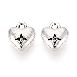 Античное Серебро Подвески из сплава в тибетском стиле, со стразами, Сердце звездочкой, античное серебро, 10.5x9x3.5 мм, отверстие : 1.4 мм