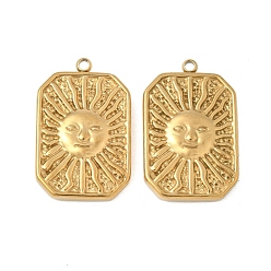 Настоящее золото 18K 304 подвески из нержавеющей стали, прямоугольник с солнечными чарами, ионное покрытие (ip), реальный 18 k позолоченный, 27x17x4 мм, отверстие : 1.8 мм
