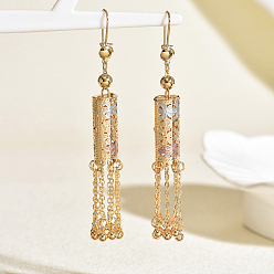 Настоящее золото 18K Латунные серьги обруча, колонки с цветочным узором, цепочка-оберег, реальный 18 k позолоченный, 85x10 мм