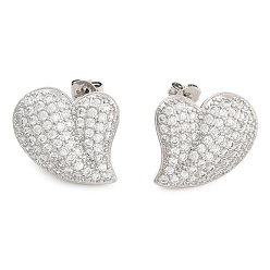 Platinum Brass Micro Pave Clear Cubic Zirconia Stud Earrings, Heart, Platinum, 19x18mm