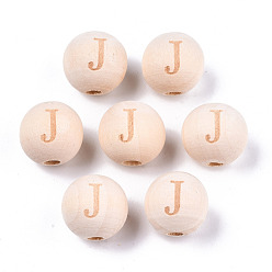 Letter J Unfinished Natural Wood European Beads, Large Hole Beads, Laser Engraved Pattern, Round with Word, Letter.J, 15~16x14~15mm, Hole: 4mm