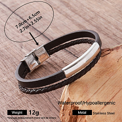 Stainless Steel Color Vintage 304 Stainless Steel Men's Braided PU Leather Bracelets with Metal Clasps, Black, Stainless Steel Color, Inner Diameter: 2.76 inch(7cm)