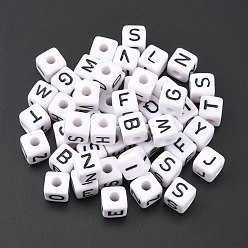 Letter Large Hole Acrylic European Beads, Horizontal Hole, White & Black, Cube with Letter, Random Mixed Letters, 10x10x10mm, Hole: 4mm, about 564pcs/500g