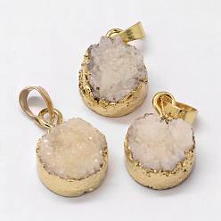 Льняное Полотно Гальванические натуральный & окрашенная druzy агата подвески, с латунной фурнитурой золотого цвета, плоско-круглые, белье, 18.5~21x14x8~10 мм, отверстие : 7.5x5 мм