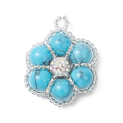 Синтетическая Бирюза Подвески в виде цветов из окрашенного синтетического бирюзового бисера с основанием из стеклянных бусинок, глубокое синее небо, 31.5x27x8.5 мм, отверстие : 3x2.5 мм