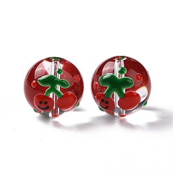 Cherry Transparent Glass Beads, with Enamel, Round, Red, Cherry Pattern, 14~15x13~13.5mm, Hole: 1.5~1.6mm