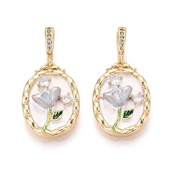 Алиса Синий Застежки-защелки из латуни, окрашенной распылением, с прозрачными кубическими цирконами, овальные с цветком, Алиса Блю, 33x23x16 мм, отверстие : 4 мм