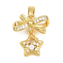 Real 18K Gold Plated Brass Micro Pave Clear Cubic Zirconia Pendants, Bowknot with Star Charms, Real 18K Gold Plated, 17x14.5x5mm, Hole: 5mm