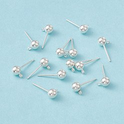 Silver Brass Ball Post Ear Studs, with Loop & 304 Stainless Steel Pins, Silver, 15.2~15.7x5mm, Hole: 1mm, Pin: 0.7mm
