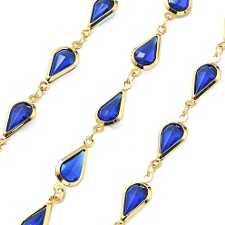 Синий Латунные стеклянные каплевидные звенья цепи, с катушкой, долговечный, пайки, без свинца и без кадмия, стойки покрытие, реальный 18 k позолоченный, синие, 16.5x7x2.5 мм