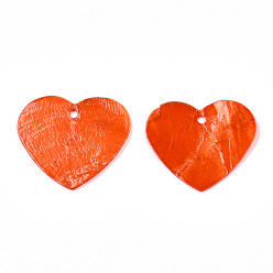 Orange Red Spray Painted Capiz Shell Pendants, Heart, Orange Red, 21.5~22x25x1mm, Hole: 1.5mm