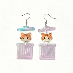 Sandy Brown Iron Acrylic Dangle Earrings, Cat Shape & Trash Can, Platinum, Sandy Brown, 77x30mm