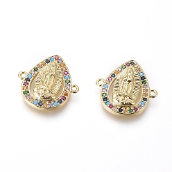 Golden Religion Theme Brass Micro Pave Cubic Zirconia Links connectors, teardrop, with Virgin Mary, Colorful, Golden, 17.5x17x3.5mm, Hole: 1.2mm