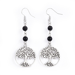 Black Agate Tibetan Style Alloy Dangle Earrings, with Natural Black Agate Beads and Iron Earring Hooks, Flat Round with Tree of Life, 71.5mm, Pin: 0.6mm