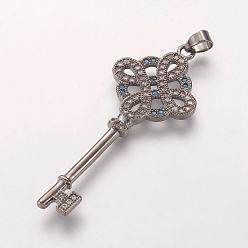 Gunmetal Brass Micro Pave Cubic Zirconia Pendants, Key, Gunmetal, 42x17x2.5mm, Hole: 3x4mm
