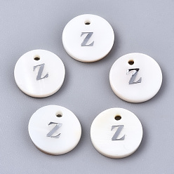 Letter Z Natural Freshwater Shell Pendants, with Platinum Plated Iron Etched Metal Embellishments, Flat Round with Initial Letter, White, Letter.Z, 11x2mm, Hole: 1.5mm