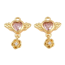 Pink Brass Micro Pave Cubic Zirconia Pendants, Heart with Wing & Flower Charms, Real 18K Gold Plated, Pink, 16x13x3.5mm, Hole: 1.4mm