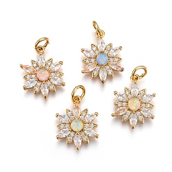 (52) Непрозрачная лаванда Латунные микро проложить кубического циркония подвески, с синтетическим опалом, цветок, золотые, разноцветные, 23 мм, отверстие : 3.5~4 мм