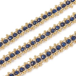 Midnight Blue Handmade Glass Beaded Chains, with Golden Tone Brass Findings, Long-Lasting Plated, Soldered, Midnight Blue, 7.5x3mm, about 16.4 Feet(5m)/roll