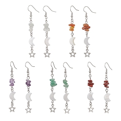 Смешанные камни Серьги-подвески в виде латунной луны со звездами, с натуральными бусинами из смеси камней и ракушек пресноводных, старинное серебро и платина, 70 мм