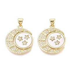 Настоящее золото 18K Латунные микропаве прозрачные подвески с фианитом, с оболочкой, круглая плоская подвеска с луной и солнцем, реальный 18 k позолоченный, 23.5x20.5x2 мм, отверстие : 4x3 мм