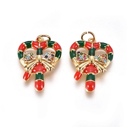 Golden Brass Micro Pave Cubic Zirconia Pendants, with Enamel and Jump Ring, Christmas Candy Cane, Red & Green, Golden, 21x16x5mm, Hole: 3.5mm