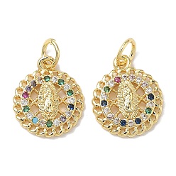 Плоский Круглый Подвески из латуни с кубическим цирконием на тему святой девы, с целью перехода в кольце, без свинца и без кадмия, долговечный, стойки покрытие, плоско-круглые, 15x13x3 мм, отверстие : 3 мм