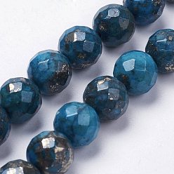 Темно-Голубой Природного пирита бисер нитей, окрашенные, круглые, граненые, глубокое синее небо, 10~11x10~11 мм, отверстие : 1.5 мм, около 19 шт / нитка, 7~7.5 дюйм