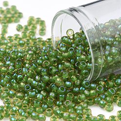 (393) Inside Color Topaz/Opaque Green Lined Круглые бусины toho, японский бисер, (393) внутри цветной топаз / непрозрачная зеленая подкладка, 8/0, 3 мм, отверстие : 1 мм, Около 1110 шт / 50 г