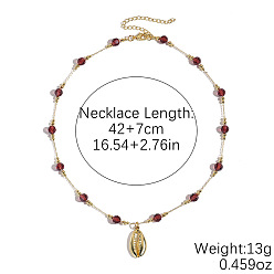 Dark Red Ocean Alloy Shell Shape Pendant Iron Glass Beaded Chain Necklaces for Women, Golden, Dark Red, 16.54 inch(42cm)