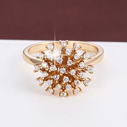 Golden Brass Micro Pave Cubic Zirconia Finger Rings for Women, Flower, Golden, US Size 7(17.3mm)