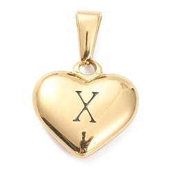 Letter X 304 Stainless Steel Pendants, Heart with Black Letter, Golden, Letter.X, 16x16x4.5mm, Hole: 7x3mm