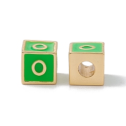 Letter O Стойки покрытие латунь эмаль бисер, без кадмия, без никеля и без свинца, реальный 18 k позолоченный, куб с письмом, зеленый лайм, letter.o, 6x6x6 мм, отверстие : 2.5 мм