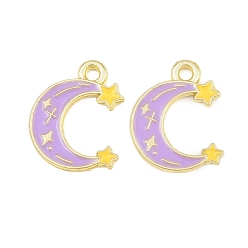 Lila Colgantes de la aleación del esmalte, Luna con encantos de estrellas, dorado, lila, 16x13x1 mm, agujero: 1.6 mm