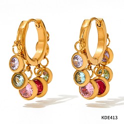 Разноцветный 304 плоские круглые серьги-люстры с кисточками из нержавеющей стали с кубическим цирконием, золотые, красочный, 25.6 мм