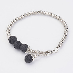 Lava Rock Iron Beaded Bracelets, with Natural Lava Rock Beads and Brass Lobster Claw Clasps, 7-1/2 inch(190mm)