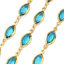 Темно-Голубой Латунные стеклянные цепи с конским глазом, с катушкой, долговечный, пайки, без свинца и без кадмия, стойки покрытие, реальный 18 k позолоченный, глубокое синее небо, 16.5x6x2 мм