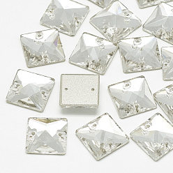 Crystal Sew on Rhinestone, K9 Glass Rhinestone, Two Holes, Garments Accessories, Random Color Back Plated, Faceted, Square, Crystal, 16x16x5mm, Hole: 1mm