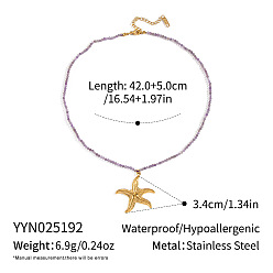 Морская звезда Тема океана натуральный аметист круглый бисер 304 ожерелья из нержавеющей стали подвески для женщин, реальный 18 k позолоченный, морская звезда, 16.54 дюйм (42 см)