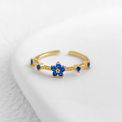Королевский синий Регулируемые манжеты-кольца из латуни с микропаве из кубических цирконий, золотые, королевский синий, внутренний диаметр: регулируемый