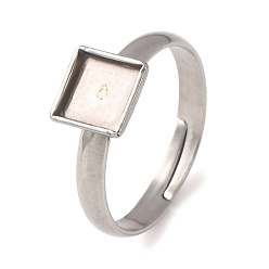 Stainless Steel Color Adjustable 304 Stainless Steel Finger Rings Components, Pad Ring Base Findings, Square, Stainless Steel Color, 7mm, 17mm, Tray Size: 6x6mm
