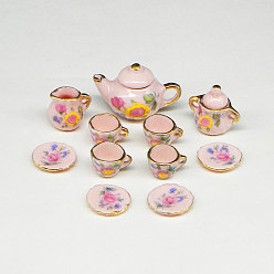 Розовый Фарфоровый миниатюрный чайник, чашка, набор украшений, аксессуары для кукольного домика в микроландшафтном саду, притворяясь опорными украшениями, туманная роза, 20 мм, 11 шт / комплект