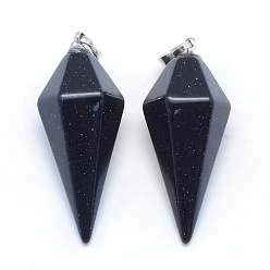 Blue Goldstone Synthetic Blue Goldstone Pointed Pendants, with Brass Findings, Bullet, Platinum, 38.5x16x14.5mm, Hole: 5x8mm