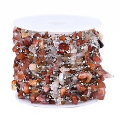 Красный Камень 316 цепи из нержавеющей стали, с крошкой из натуральной красной яшмы и бусинами из нержавеющей стали, пайки, с катушкой, цвет нержавеющей стали, 4~8x3.5~6x1~4 мм, около 16.40 футов (5 м) / рулон