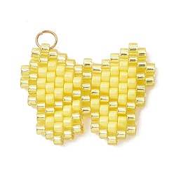 Желтый Стеклянные подвески из бисера, очарование бабочки, с открытыми пружинными кольцами из нержавеющей стали 304, реальный 18 k позолоченный, желтые, 18x24x2 мм, отверстие : 3 мм