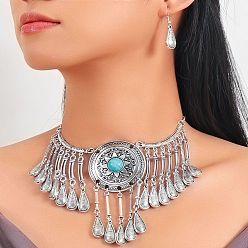 Античное Серебро Комплекты ожерелий и серег-подвесок из сплава и смолы с имитацией бирюзы в форме капли, античное серебро, 450 мм